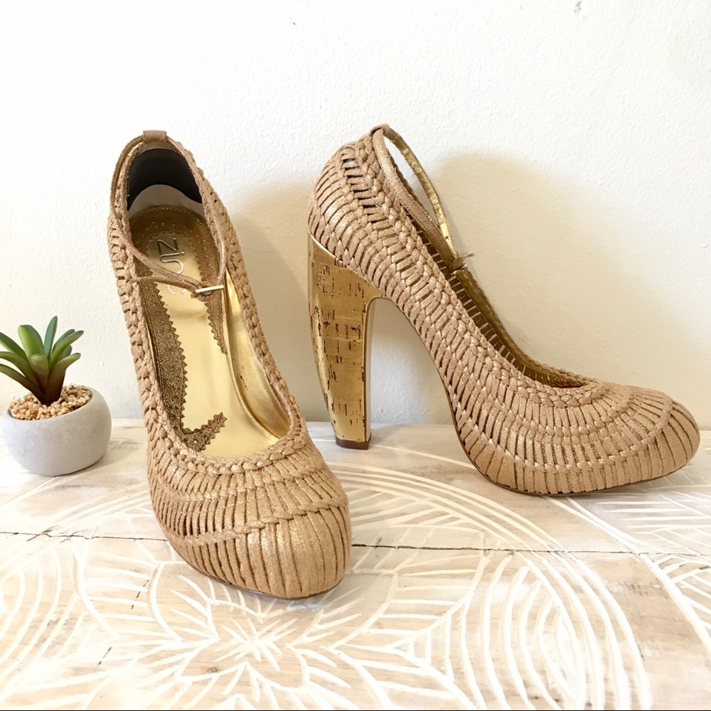 Zinc Josie Gold Cork Heels Platform Crochet Shoes